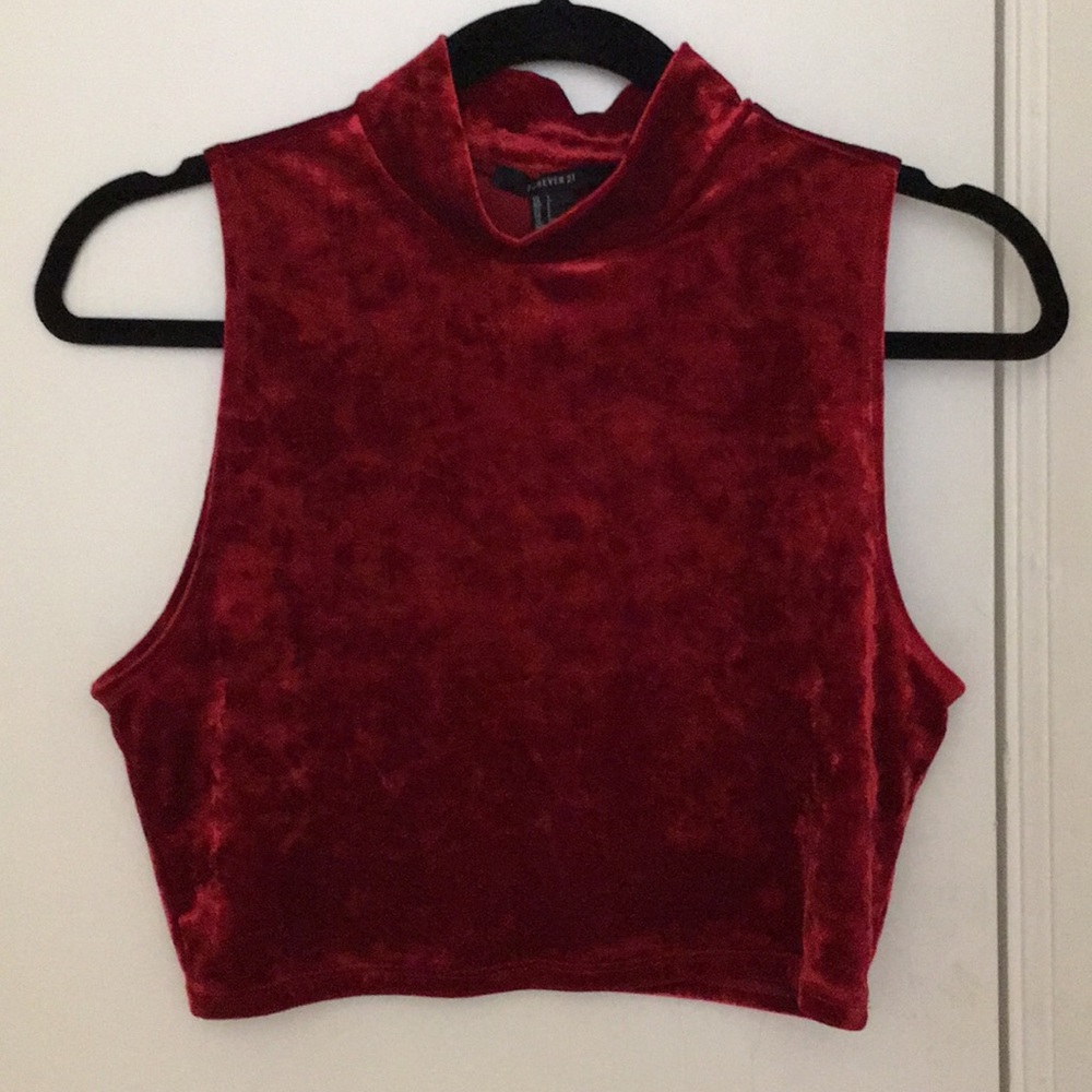 Red faux velvet turtleneck sleeveless crop top